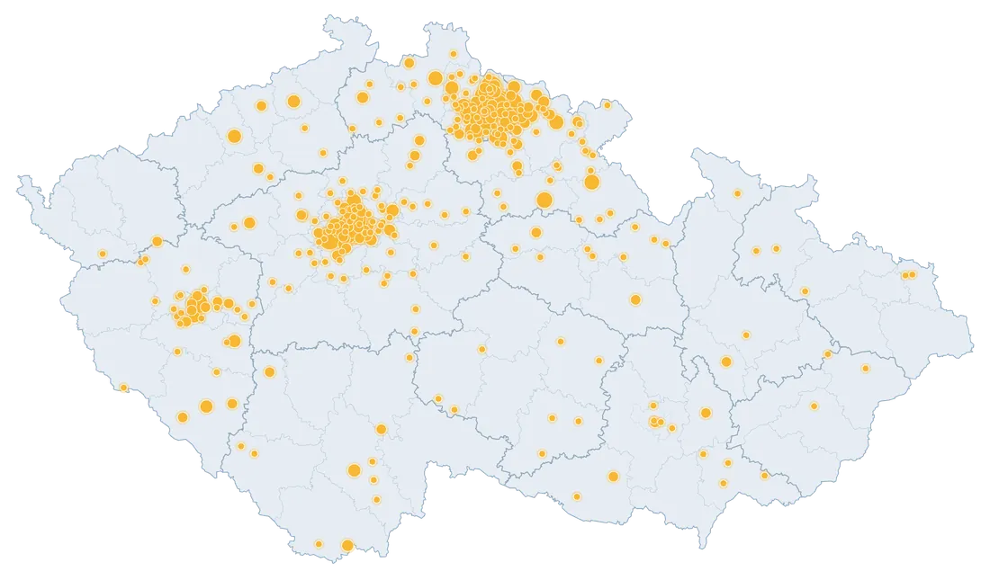 Mapa České republiky s místy, kde jsem zpracoval ocenění – nejvíce v Praze, Krkonoších a na Plzeňsku